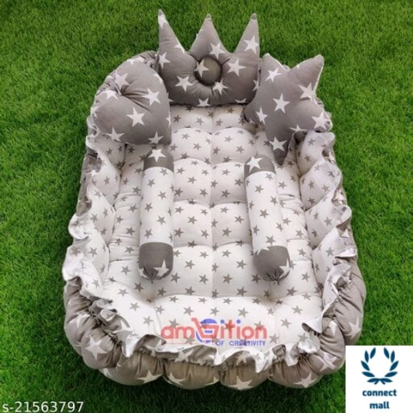 Pink Unique Newborn Baby Round Tub Bedding Set, Reversible Bed Set Cum Mattress with 3 Multi Shape Pillows for Newborn to Toddlers ( Blue& Sky Blue) - Free Size, Grey & White